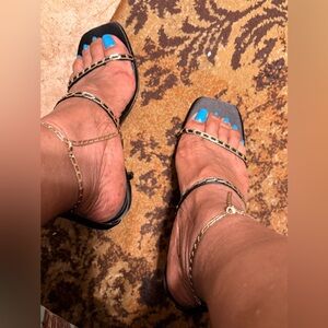 Reiss Black Sandals with Gold Chain Accents